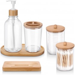 Aizoe Soap Dispenser Set of 6 - Toothbrush Holder, Bathroom Accessories , Soap Dish, Tray and Two Plastic Q tip Jars with Bamboo Lid for Counter Toilet Bathroom Decor