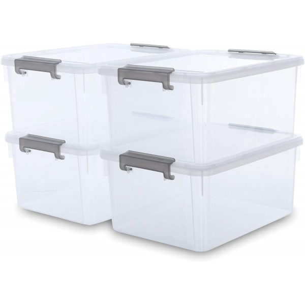 Aizoe Pack of 4 Plastic Storage Bins with Latching Lids Stackable Storage Containers for Organizing Large Clear Storage Box for Garage, Closet, Classroom, Kitchen, 17 Quart Volume